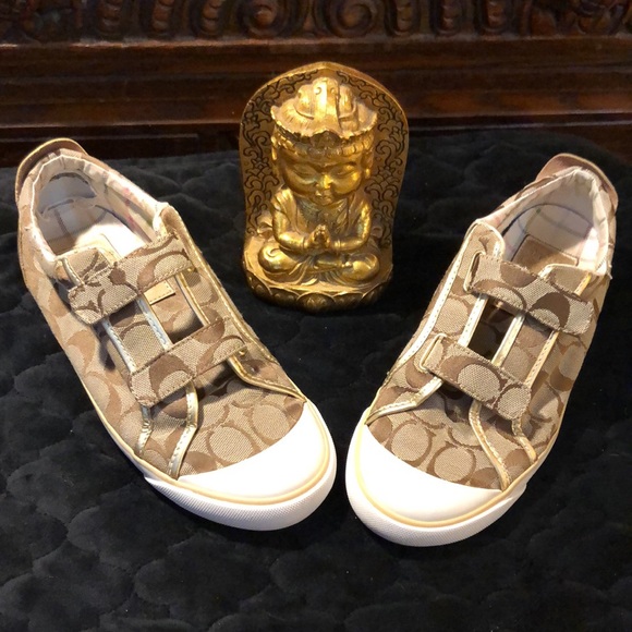 Coach Britt classic brown and tan with gold detail Velcro sneakers size 8 1/2 - Picture 2 of 14